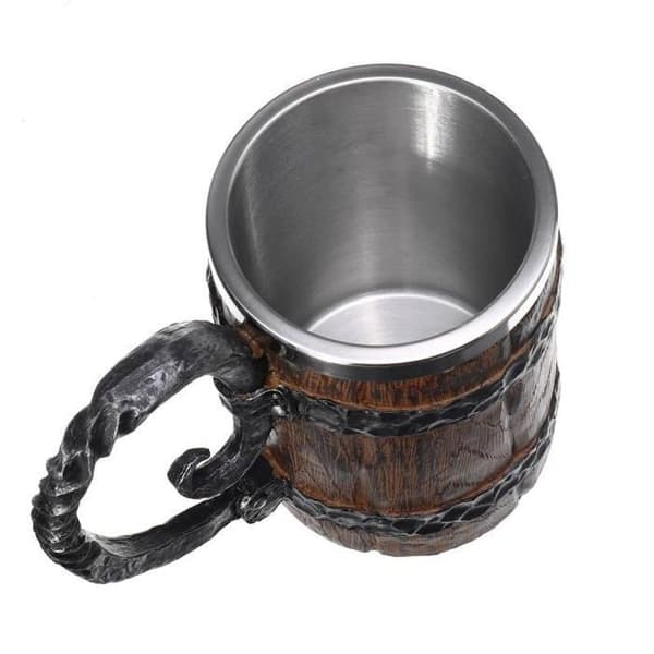 UNIQUE V 600 ml mugg, imitation av råträ, stor dubbelväggig isolerad dricksmugg, vinmugg, metallmugg