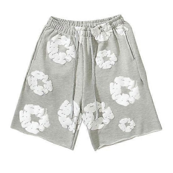 Kesäiset miesten shortsit, kukkakuosi, kiristysnyöri, joustava vyötärö, väljät taskut, laskostetut, loma-, ranta-, urheilu-, vapaa-ajan kotishortsit grey XL