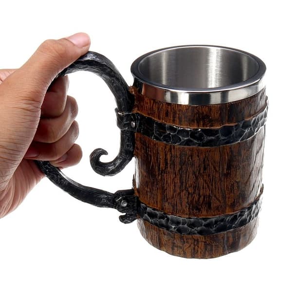 UNIQUE V 600 ml mugg, imitation av råträ, stor dubbelväggig isolerad dricksmugg, vinmugg, metallmugg
