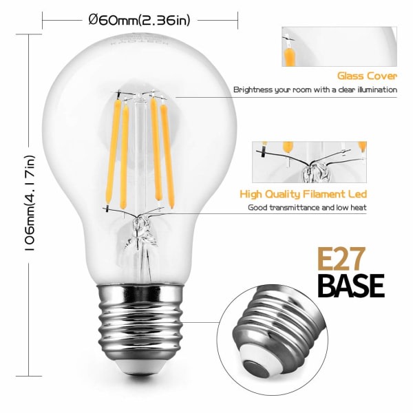 Pakke med 6 E27 LED-lyspærer Varmhvit 2700K 4W 400LM Tilsvarer 40W Halogenpære Lavt Energiforbruk A60 Vintage Edison-pære