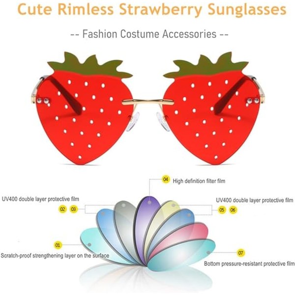 Söt solglasögon i jordgubbsform för kvinnor och flickor (guldram, röda linser)