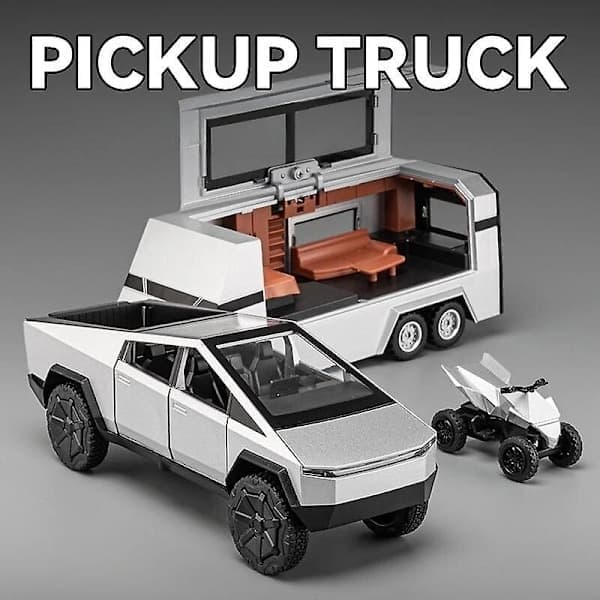 Sej Tesla Cybertruck med Campingvogn Støbt Legetøjsbil Metal Miniature Model Træk-tilbage Lyd og Lys Samling Gave Dreng