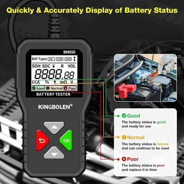 Batteritester - BM550 - 6V 12V 24V - 100-2000 CCA - Digital Analysator - Beskyttelse mod omvendt polaritet