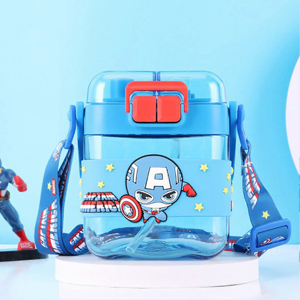 600 ml:n suuri vesipullo, sarjakuvakuvioinen avattava juomapullo toimistoon, työhön, kotiin ja urheiluun Captain Blue America