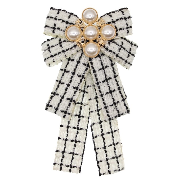 Kvinners vintage elegant, rutete stripete trykk slips slips brosje imitert perle krage bånd sløyfe corsage