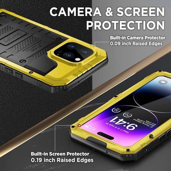 Vanntett metalldeksel for iPhone 14 Pro Max, AuTech IP68 full beskyttelse støtsikkert deksel for dykking og svømming, gul