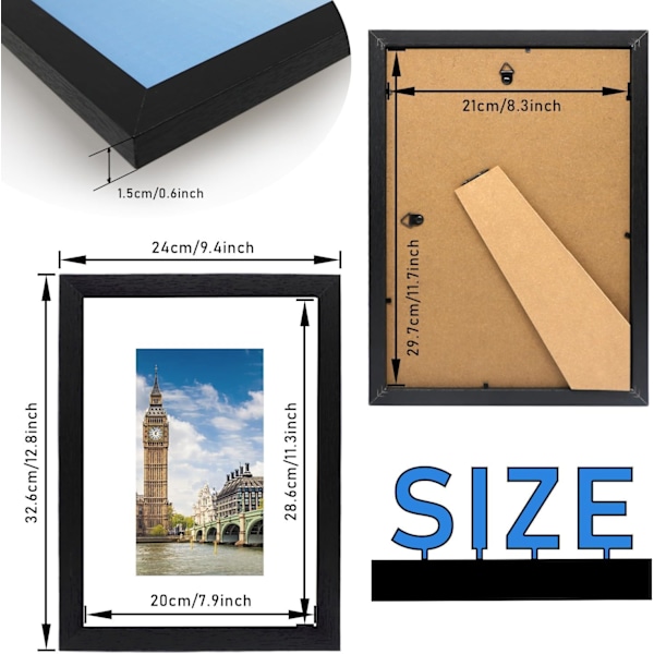A4 fotorammer, 3-pakks sorte plakatrammer (21x29,7cm), egnet for skrivebord og veggmontering