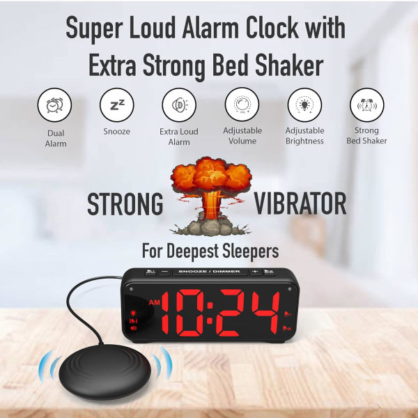 A5 Super Vibrerande Väckarklocka + Super Hög Alarmklocka, Lämplig för Tungsovande/Döva/Hörselskadade Personer, Super Stor Display Red