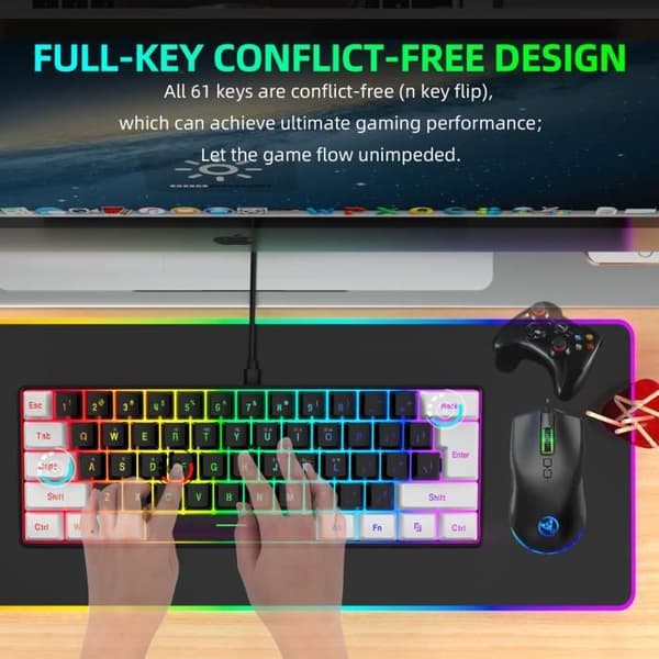 Kablet tastatur - CHANGM - 61 taster - Programmerbar RGB - Bakgrunnsbelyst - Spillmus-kombinasjon
