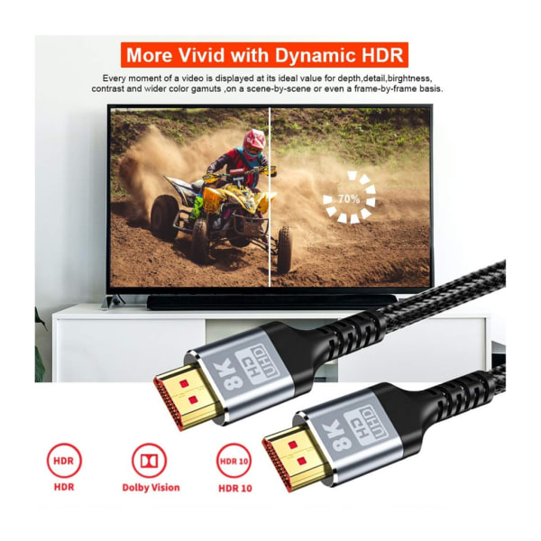 HDMI-kompatibla kablar 2.1 48 Gbps 8K Ultra High Speed ​​​​Flätad kabel, 4K @ 120Hz, 8K @ 60Hz, HDCP 2.2 & 2.3, HDR 10 3m