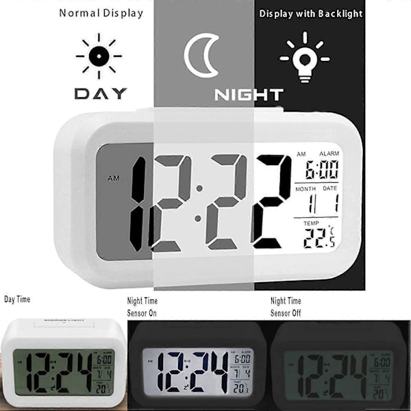 Digital Väckarklocka LED-Display Snooze Smart Ljussensor för Sovrum Hemmakontor och Resor