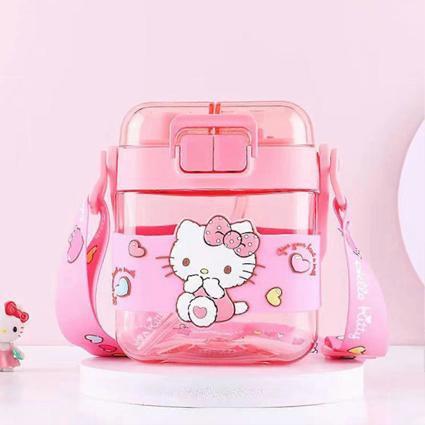 600 ml:n suuri vesipullo, sarjakuvakuvioinen avattava juomapullo toimistoon, työhön, kotiin ja urheiluun Pink Kitty