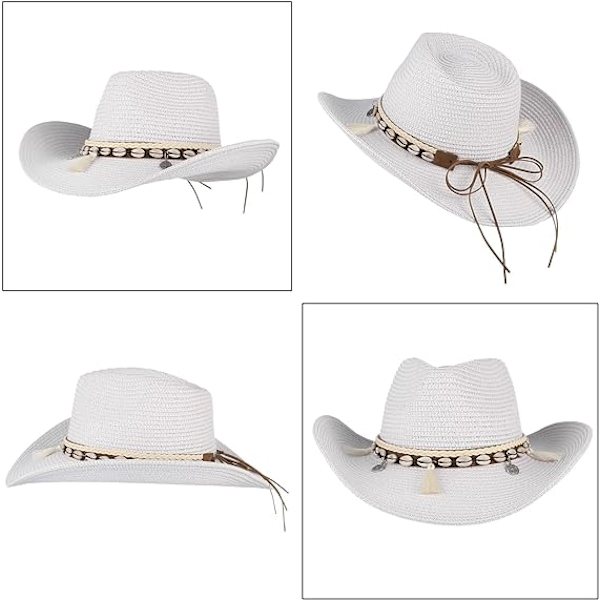 Naisten kesähattu oljista, leveälierinen cowboy-hattu, aurinkosuojat, rantahattu, olkihattu kuorikuvioisella nauhalla