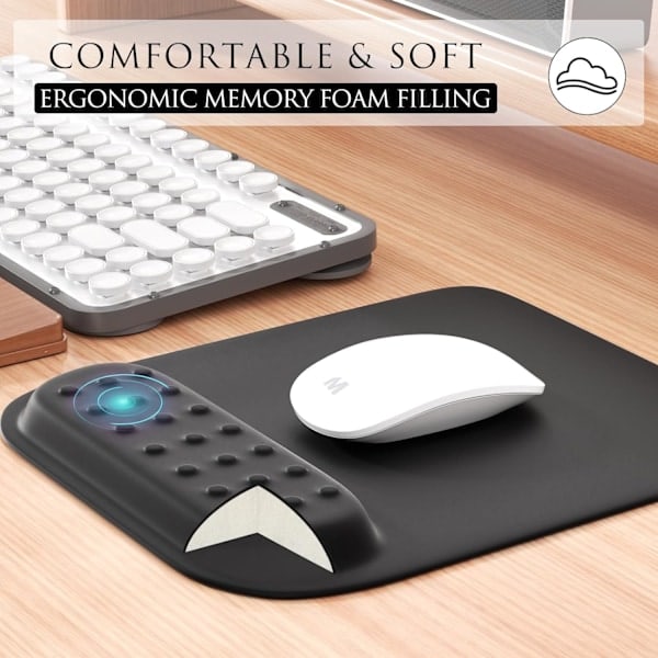Ergonomisk musemåtte med håndledsstøtte i memoryskum, komfortabel computermusemåtte til bærbar computer, smertelindrende håndledsstøtte, sort prik Black Dot