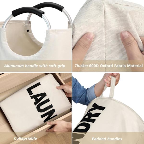 90L Stor tvättkorg, fristående hög tvättkorg, hopfällbar tvättpåse Beige
