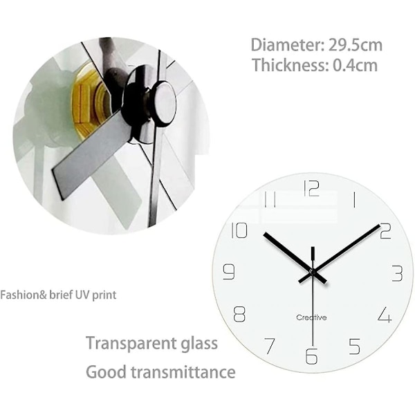 Væg ur, hjem dekorative lydløse ikke-tikende kvarts batteridrevet moderne glas ur til soveværelse/stue/kontor/skole 12 tommer - Hvid
