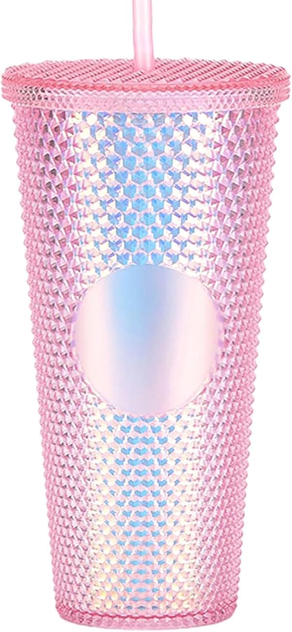 Dubbelväggiga plastmuggar med nitar, lock och sugrör, BPA-fria, 710 ml, rosa