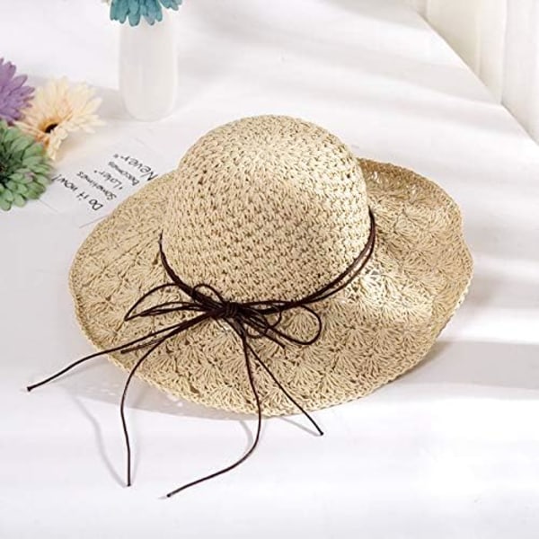 Dam solhatt i halm, hopfällbar solhatt med bred brätte, solhatt med rosett, justerbar strandhatt, elegant hinkhatt Beige