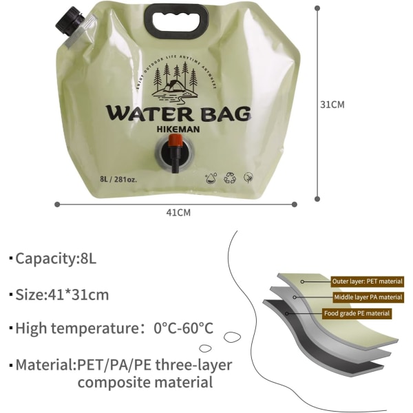 Camping Vandbeholder Taske - Sammenklappelig Vandopbevaringstaske med Hane, 8L Drikkervandsbeholder