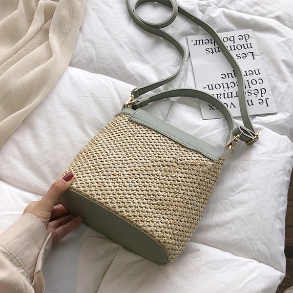 Dam Casual Straw Bucket Crossbody Väska Sommar Korg Axelväska Resväska VIT 20x10x21cm WHITE