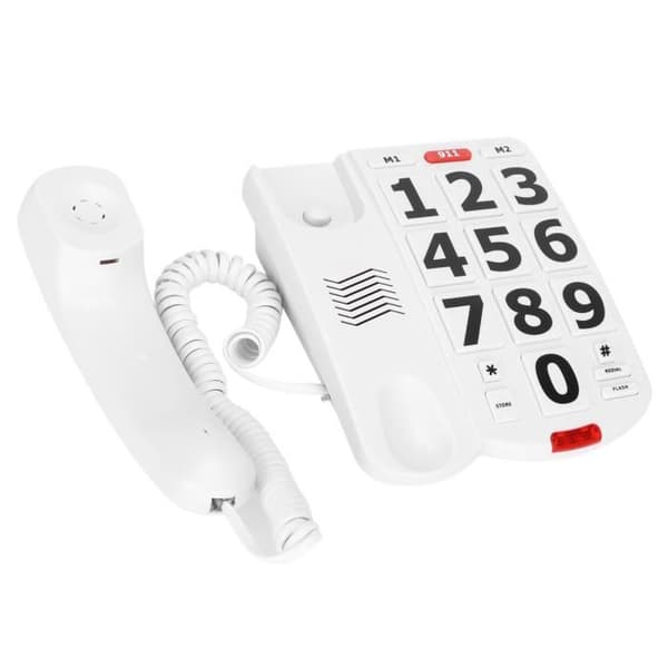 Fastnettelefon med store knapper: En kablet fastnettelefon med store, letlæselige knapper og ringetoner.
