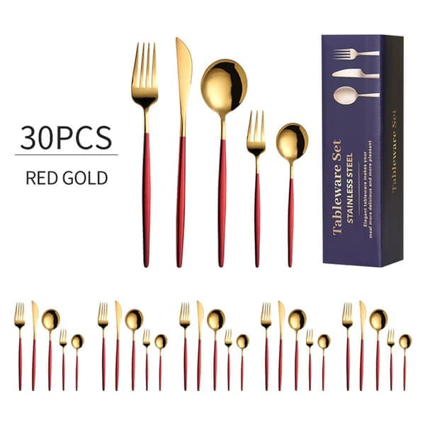 30 stk. bestik i rustfrit stål, middagssæt til 6 personer rød guld Red gold