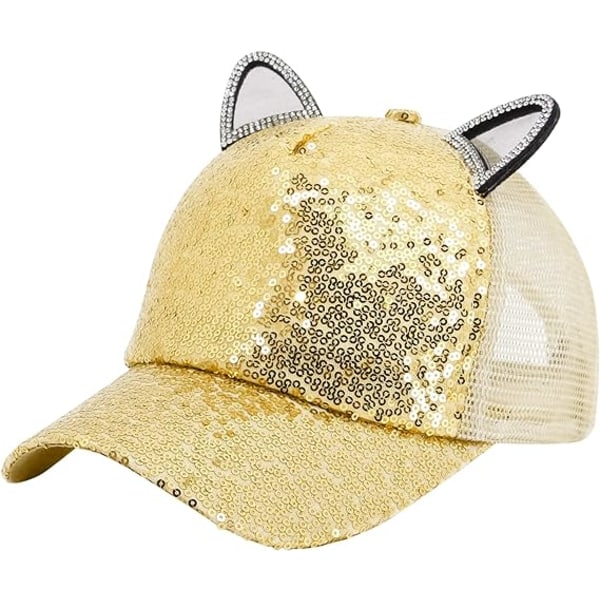 Jenter Gutter Sparkle Paljetter Baseball Cap Katt Øre Topp Justerbar Solhatt Gold