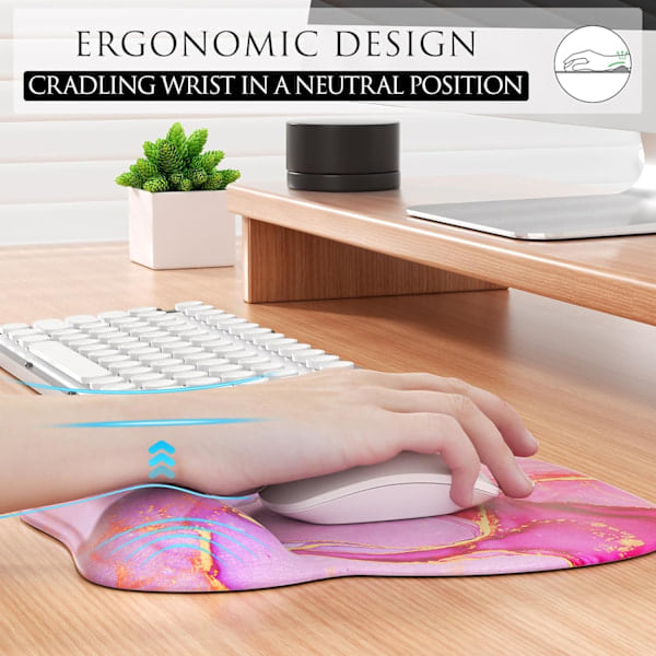 Ergonomisk musemåtte med håndledsstøtte i memoryskum, komfortabel computermusemåtte til bærbar computer, smertelindrende håndledsstøtte lyserød marmor Pink Marble