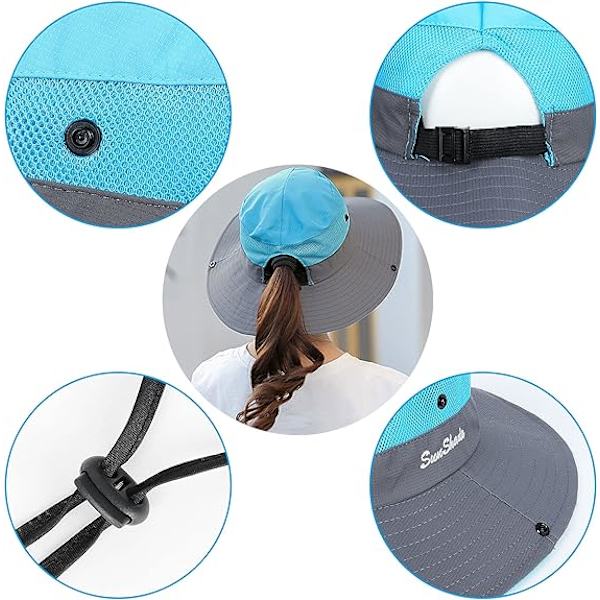 Dame Solhatte Bred Skygge UV Beskyttelse Mesh Foldbar Hestehale Spand Fiskeri Hat Strand Cap til Fiskeri Vandring Havearbejde Udendørs Blue