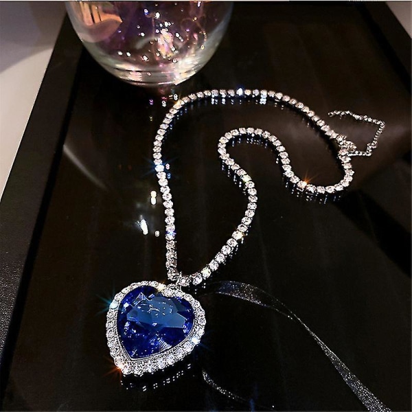Blå hjerte krystal halskæde kvinders vedhæng lang kæde personlighed smykker