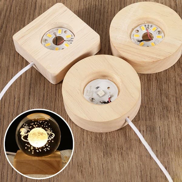 Træ LED Lys Display Base Krystal Glas Resin Kunst Ornament Varmt lys one size Warm light