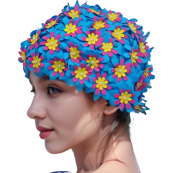 Svømmehette Floral Petal Retro Style Badehetter for Kvinner (Blå)