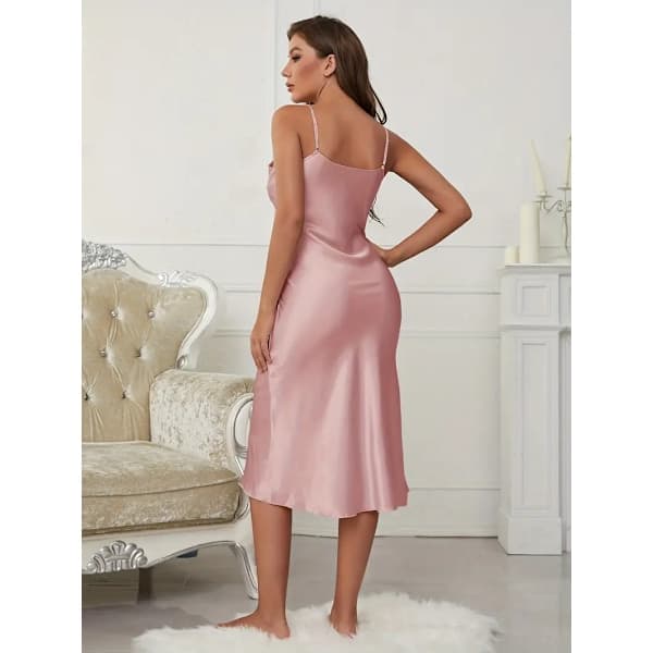 Solid Satin Slip Nattlinne, Elegant V-ringad Rygglös Nattlinne med Spagettiband, Damunderkläder & Klänningar Rosa M Pink M