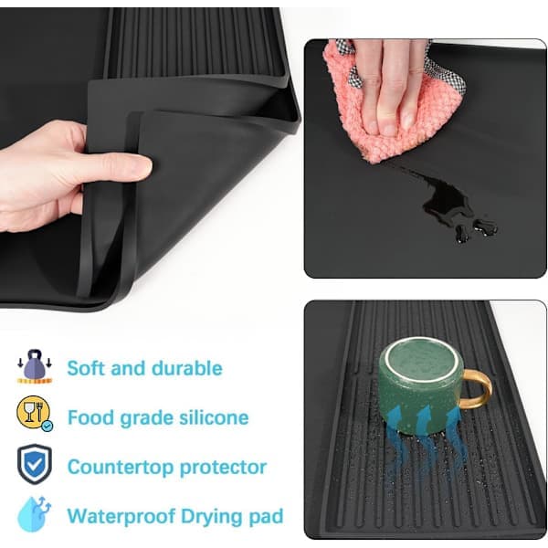 Suuri silikonimatto, 2-in-1 kahvimatto, tiskitelineellä - 61×40,5 cm musta