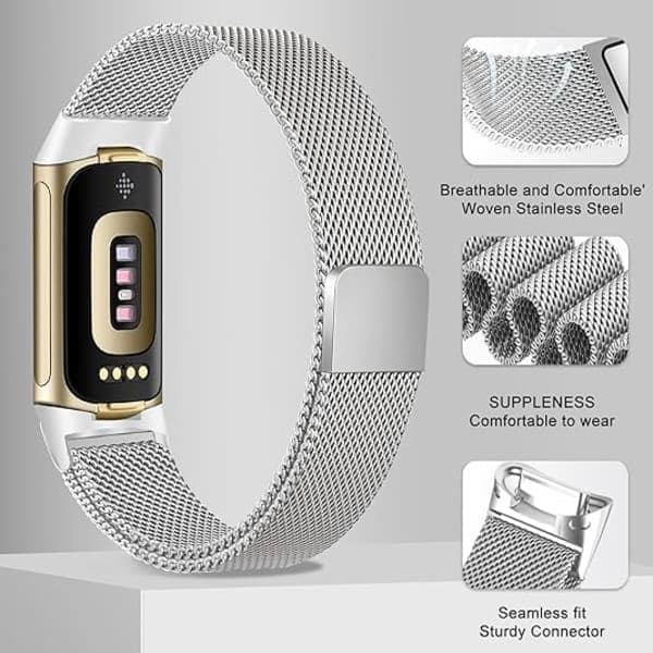 Kompatibel med Fitbit Charge 5-rem for kvinner og menn, justerbar metallnettingrem med Milanese Loop, erstatningsrem for Fitbit Charge 5