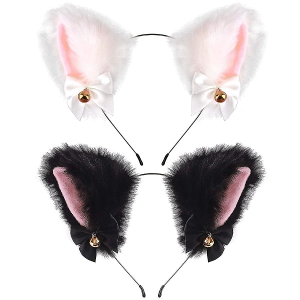 2 Pcs Cat Ears Headband Makeup Girl Plush Fur Ears with Ribbon Clock Halloween Party Headband for Women Girls Adults Kids