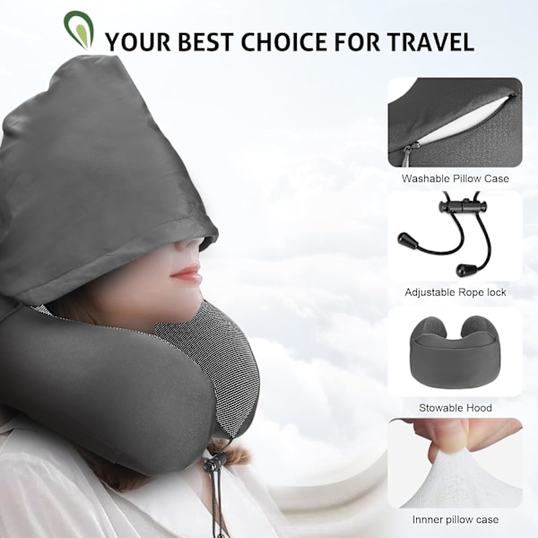 Reisepute for nakke minneskum, hette reise nakkepute for voksne, komfortabel nakkepute for reise med hettegenser Dark gray