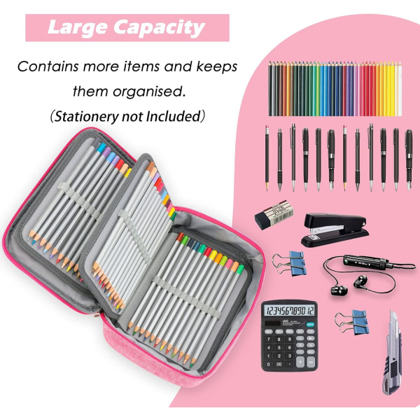 Blyantboks, multifunksjonell blyantboks med stor kapasitet, blyantveske, fargeblyantholder, oppbevaringspose Pink