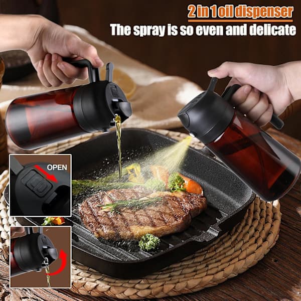 2-i-1 Oljespray & Dispenser – Mörk Glasflaska för Matlagning & Grillning Transparent