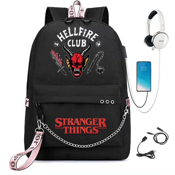 Stranger Things Suuren kapasiteetin matkustava vetoketjullinen reppu koulukirjalaukku USB portilla