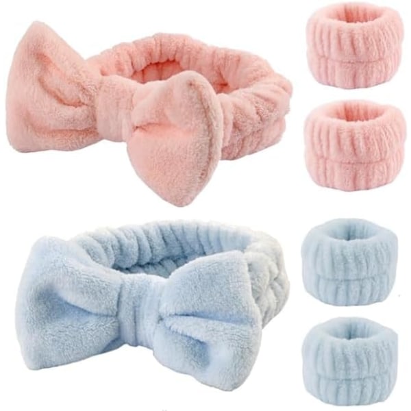 Håndklæder til håndled til vask af ansigt, spa-håndledsbånd og pandebånd i mikrofiber, hurtigtørrende, absorberende håndledsbånd til piger, mænd, makeup, 6 stk. armbåndssæt Blue+pink Set