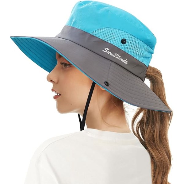 Dame Solhatter Bred Bremskjerm UV-beskyttelse Mesh Foldbar Hestehale Bøtte Fiskehatt Strandlue for Fiske Fotturer Hagearbeid Utendørs Blue