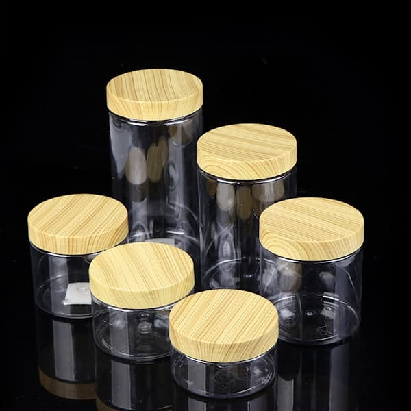 Tom klar burkbehållare med plastimitation trälock plast transparent 200ml 200ml