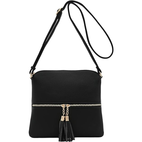 Letvægts medium crossbody taske med kvast (sort)