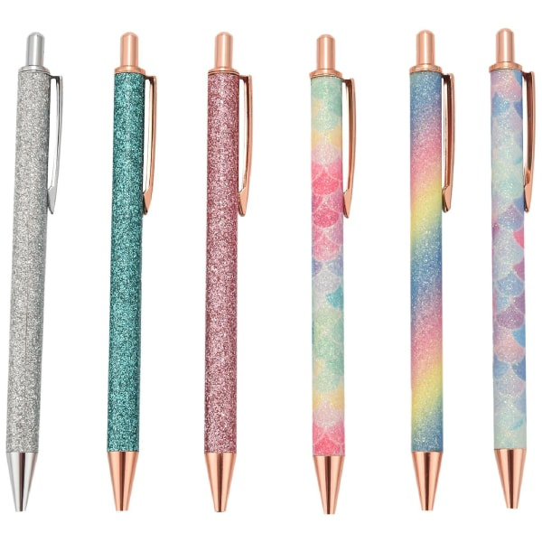 Flerfärgade glitterkulspetspennor i metall med klickfunktion, svart bläck, medium