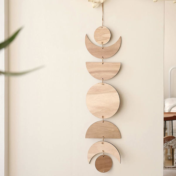 Boho vægdekoration med månefaser, skandinavisk naturlig trævægdekoration, unik æstetisk kunst, månecyklus vægdekoration til soveværelse (brun)