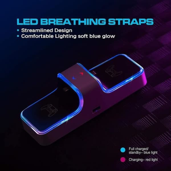 PS5 Controlleroplader, ladestation kompatibel med DualSense Playstation 5-controllere, rød/blå LED, USB-port til tilbehør