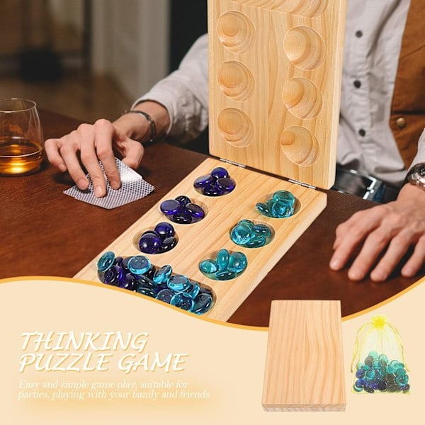 Mancala brädspel leksaksset: Kulspel med träbräda, färgade glasstenar, förvaringspåse, hopfällbart spelbräde i hårdträ för hela familjen
