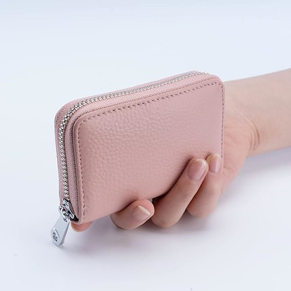 Kreditkortshållare RFID-blockerande äkta läder Mini kreditkortshållare plånbok med dragkedja för kvinnor män, rosa