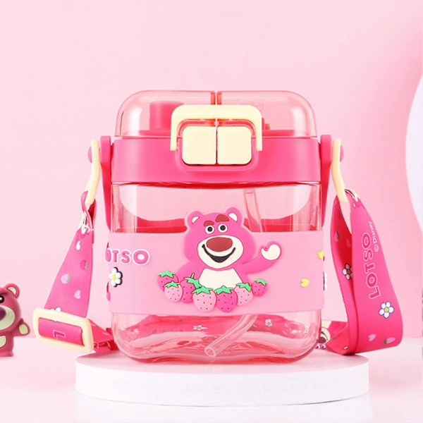 600 ml:n suuri vesipullo, sarjakuvakuvioinen avattava juomapullo toimistoon, työhön, kotiin ja urheiluun Pink Strawberry Bear